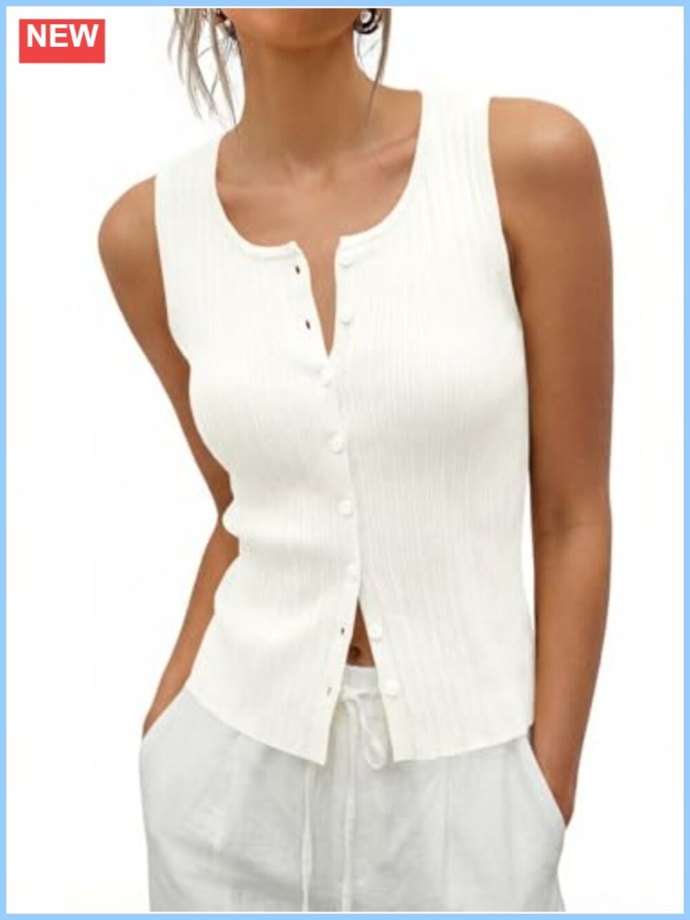 Womens Sleeveless Sweater Vest Button Down Scoop Neck Tank Top Ribbed Knit